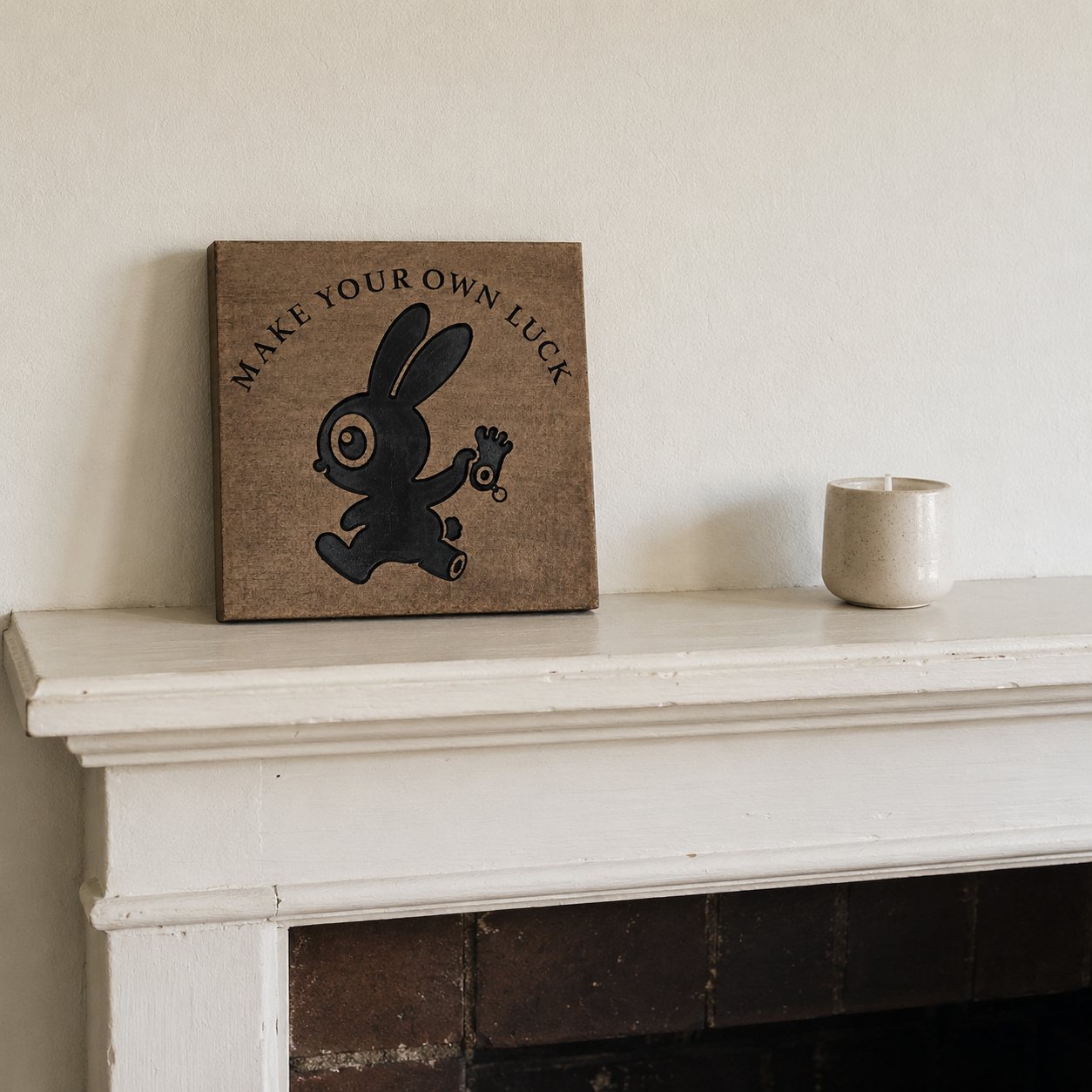 Engraved wood sign reading Make Your Own Luck with a rabbit illustration, displayed on a mantel