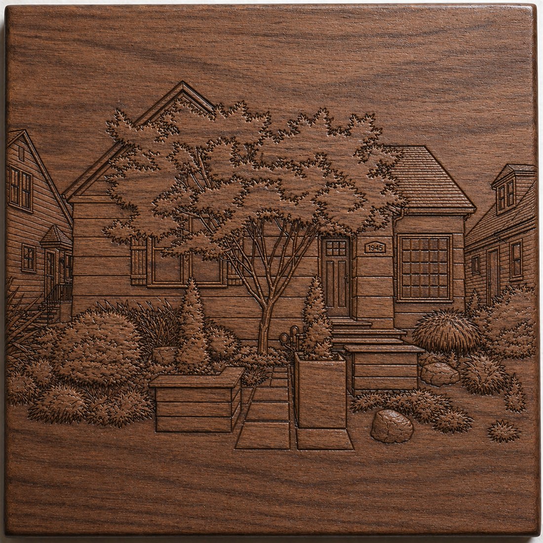 Engraved walnut house portrait closing gift board