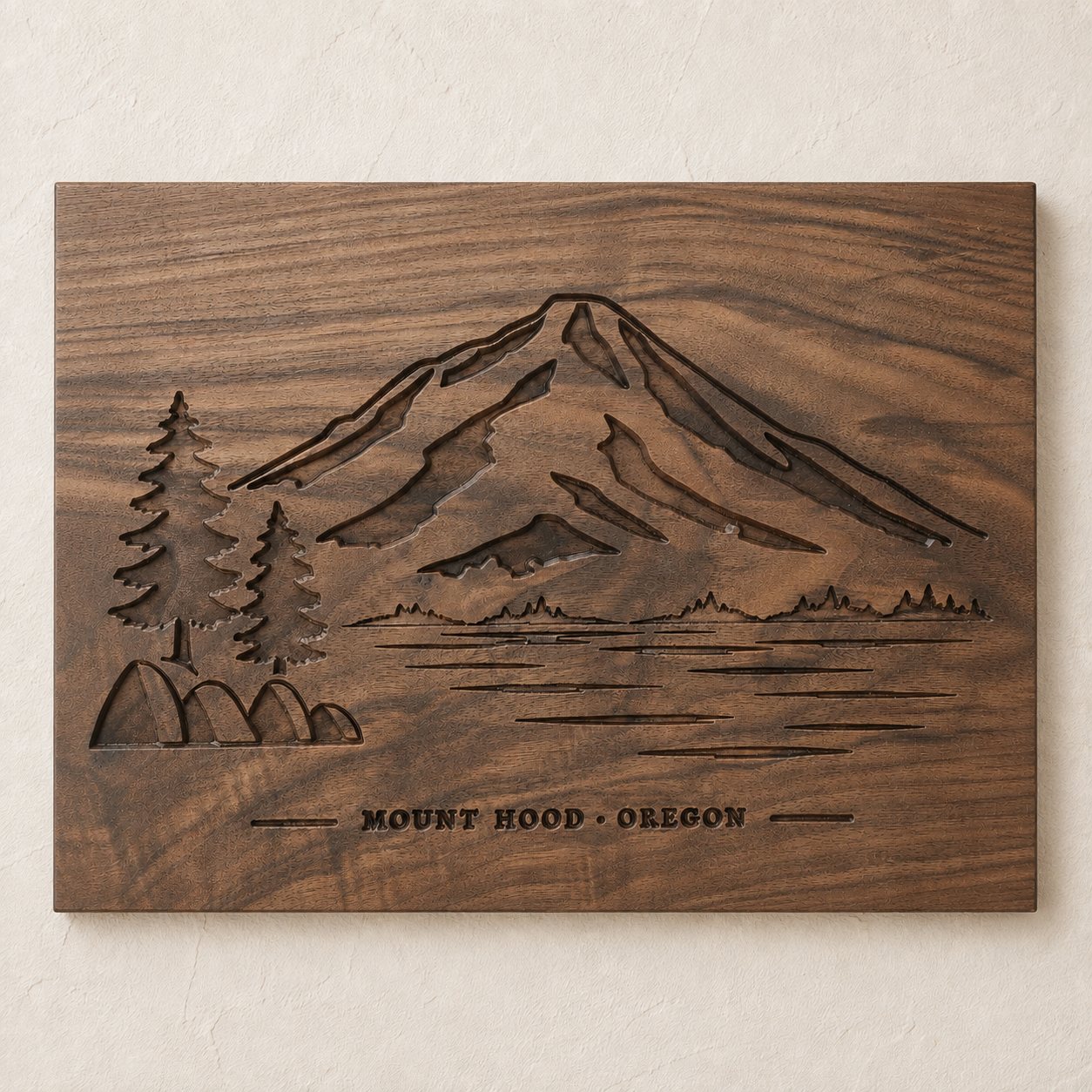 Engraved walnut board depicting Mount Hood, Oregon with pine trees and a lake